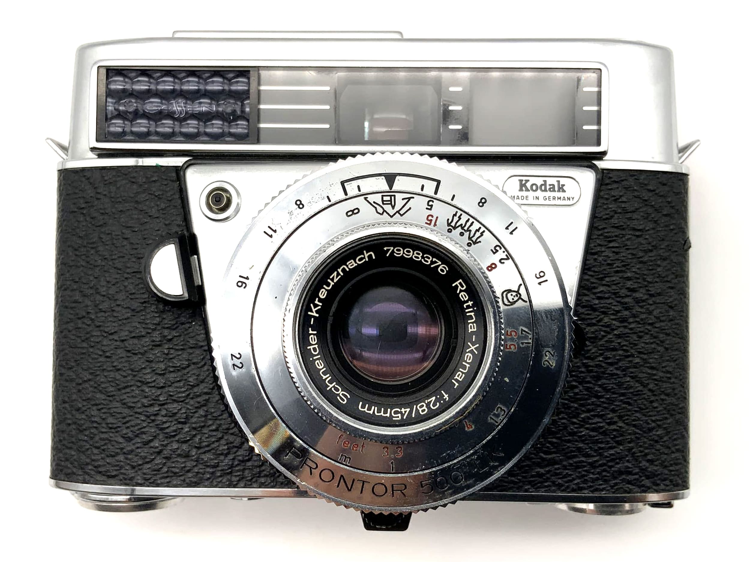 Kodak Retina IF viewfinder camera with Retina Xenar 45mm 1:2.8 and 35mm Prontor 500 LK lenses.