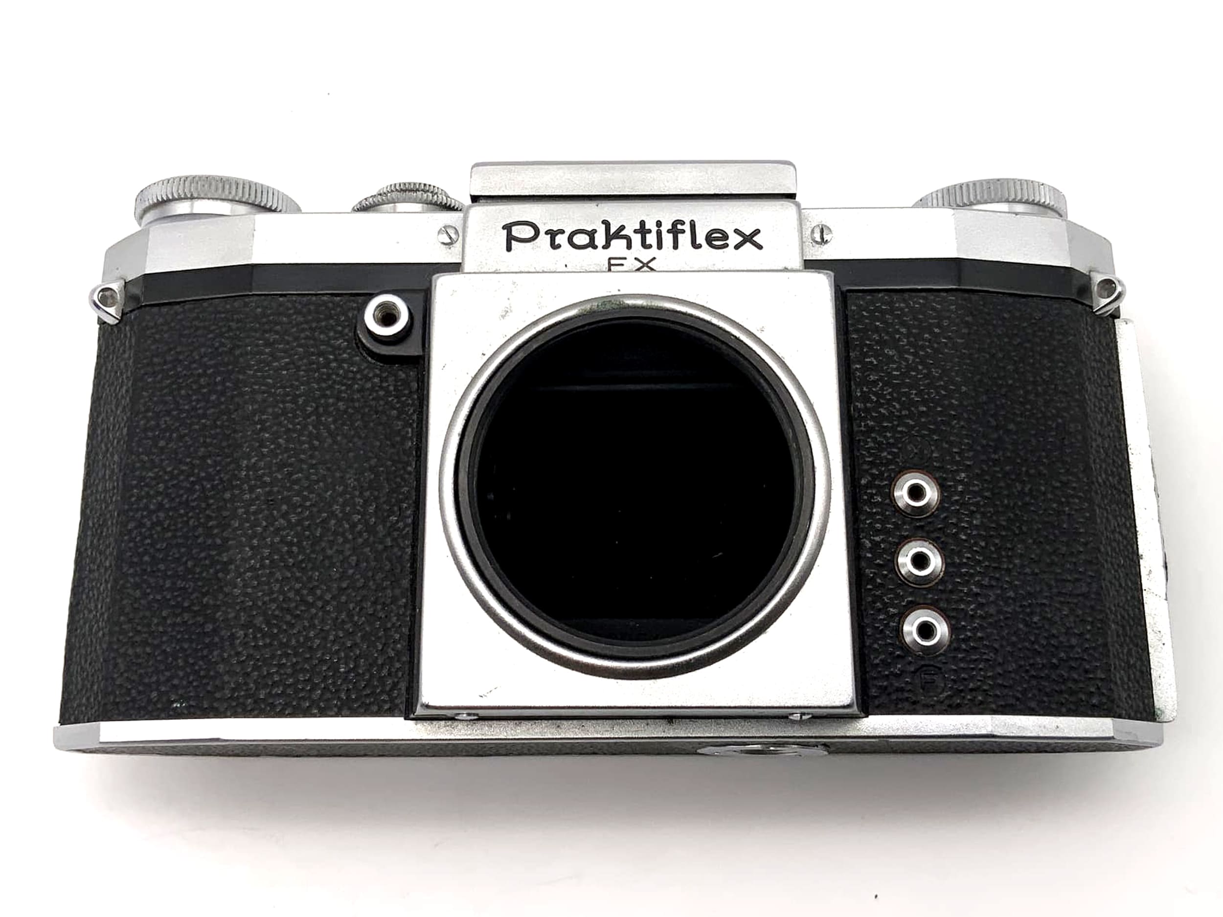 Appareil photo reflex numérique Prakticaflex FX avec viseur de poitrine, objectif Pentacon 35 mm et boîtier.