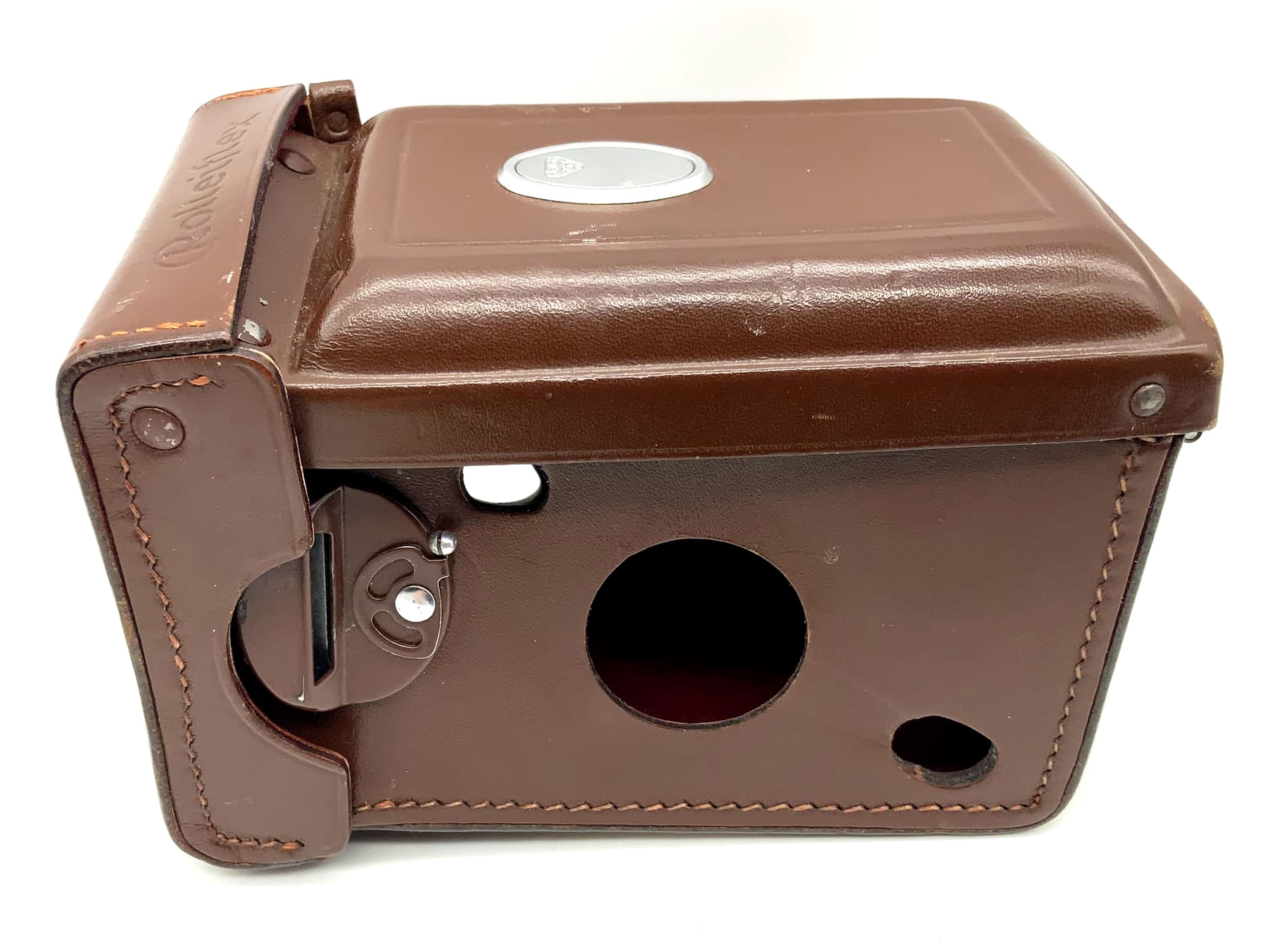 Sacoche Rollei T Bag en cuir marron pour appareil photo reflex bi-objectif.