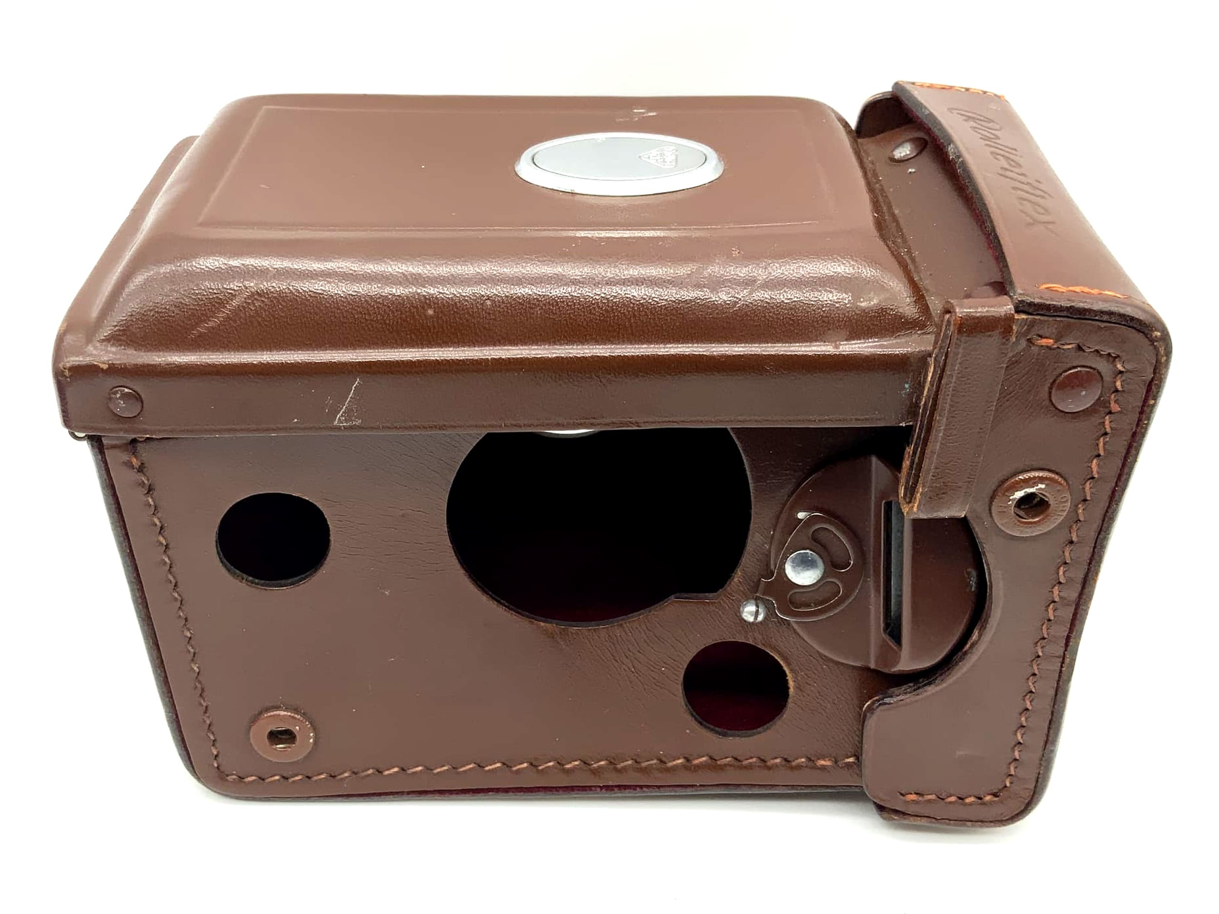 Sacoche Rollei T Bag en cuir marron pour appareil photo reflex bi-objectif.