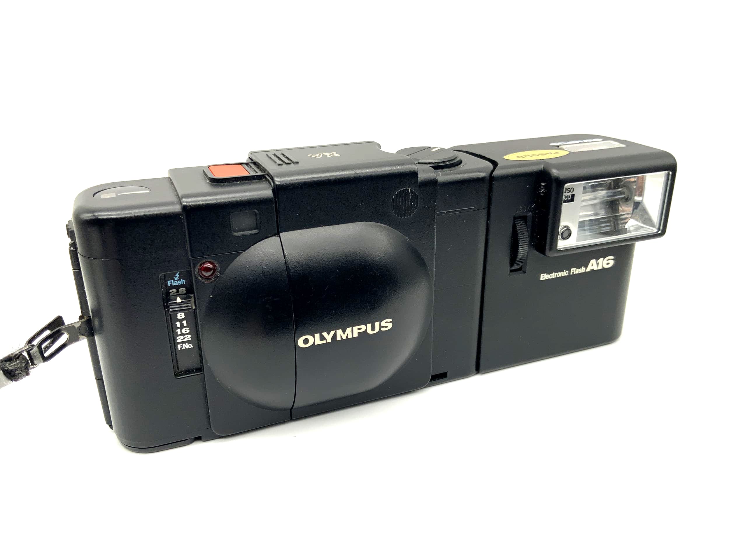 Olympus XA rangefinder camera with F.Zuiko 1:2.8 35mm lens &amp; Electronic Flash A16 flash