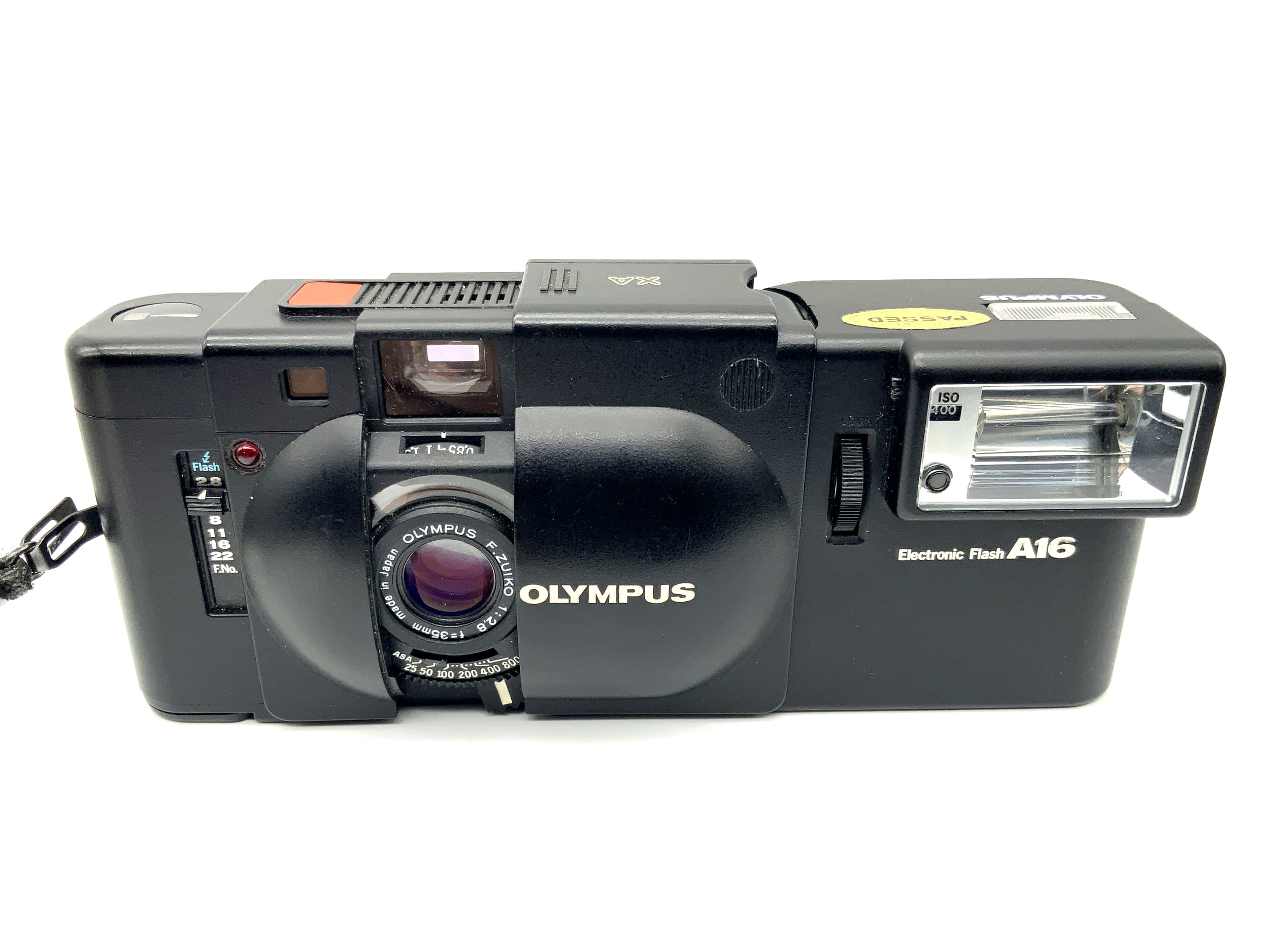 Olympus XA rangefinder camera with F.Zuiko 1:2.8 35mm lens &amp; Electronic Flash A16 flash