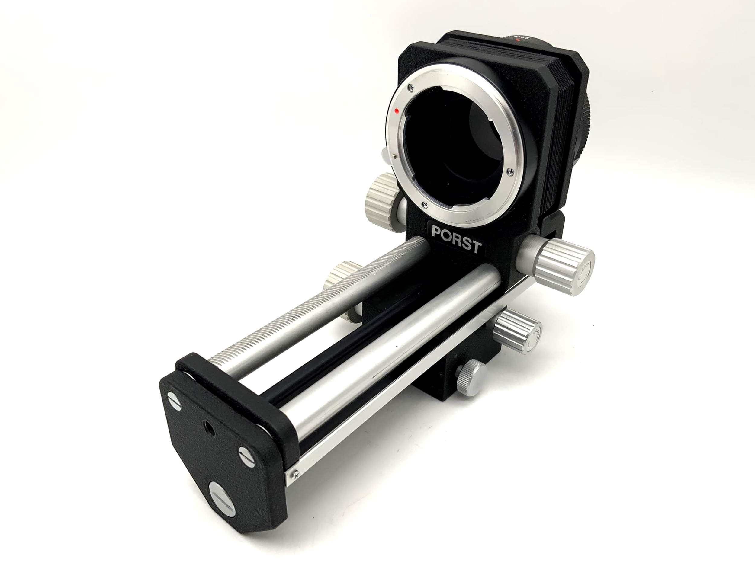 Porst bellows unit, black, with focusing rail, macro bellows (Pentax K)