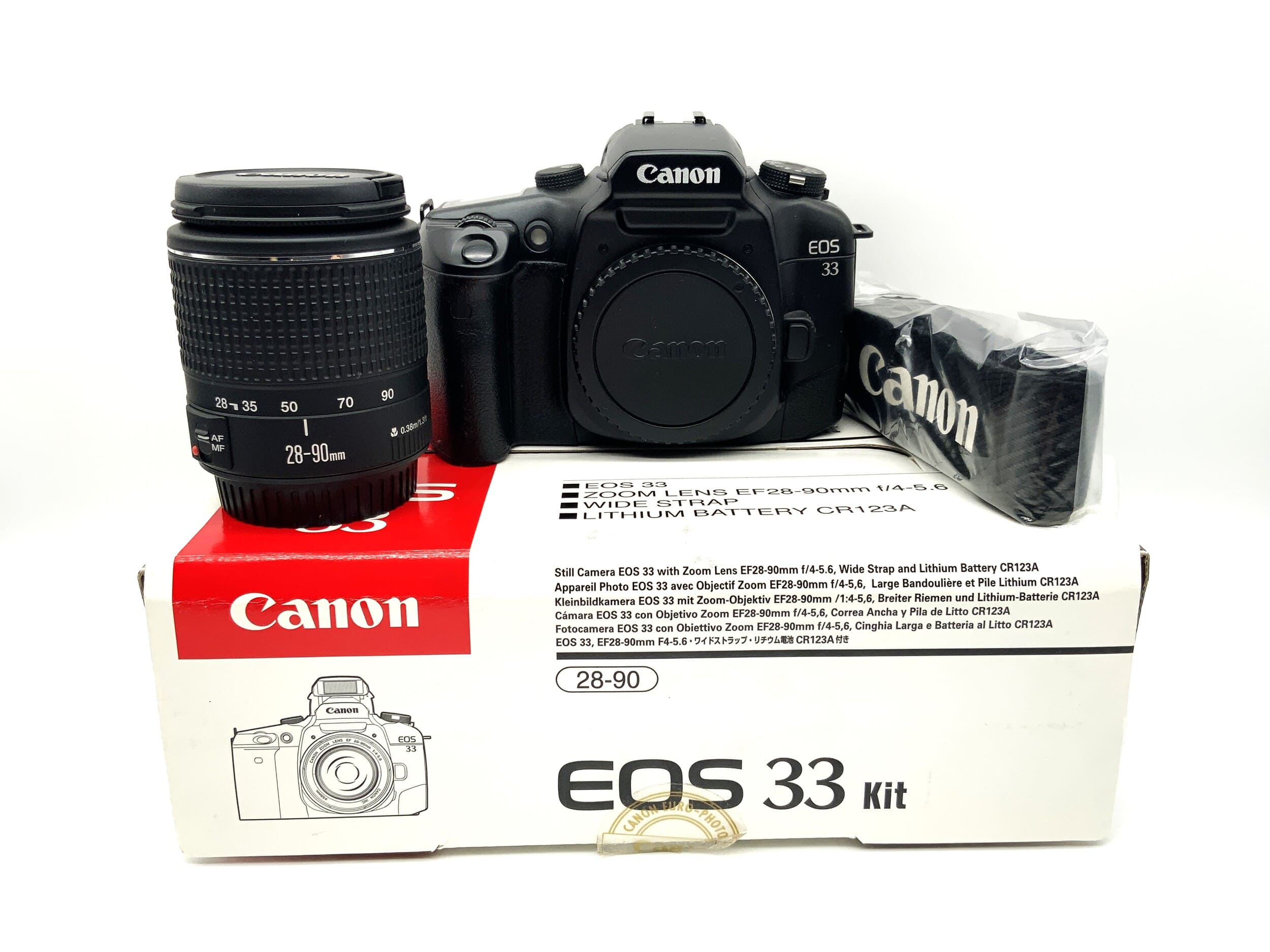 Boîtier reflex Canon EOS 33 avec objectif dans son emballage d'origine, boîtier argentique reflex 35 mm (Canon EF)
