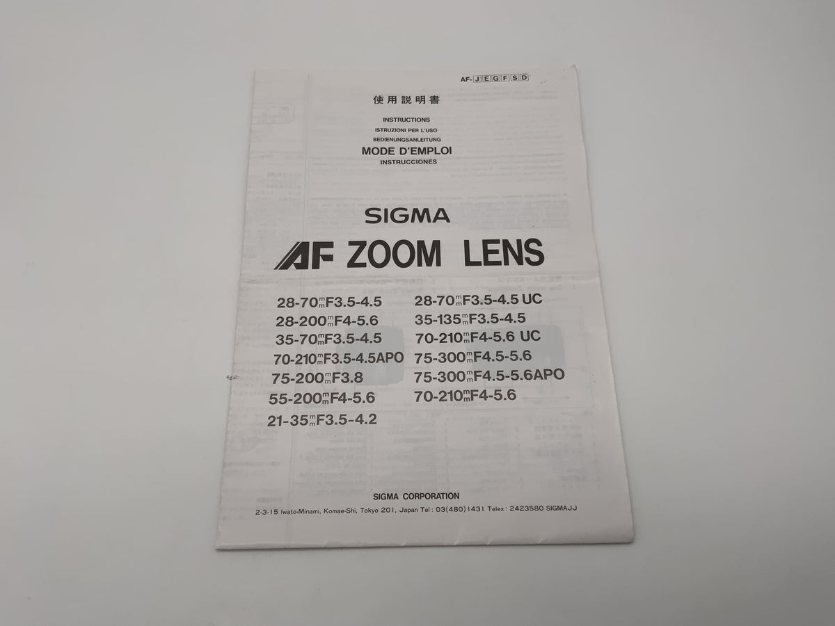 Manuel d'utilisation de l'objectif zoom AF Sigma (allemand)