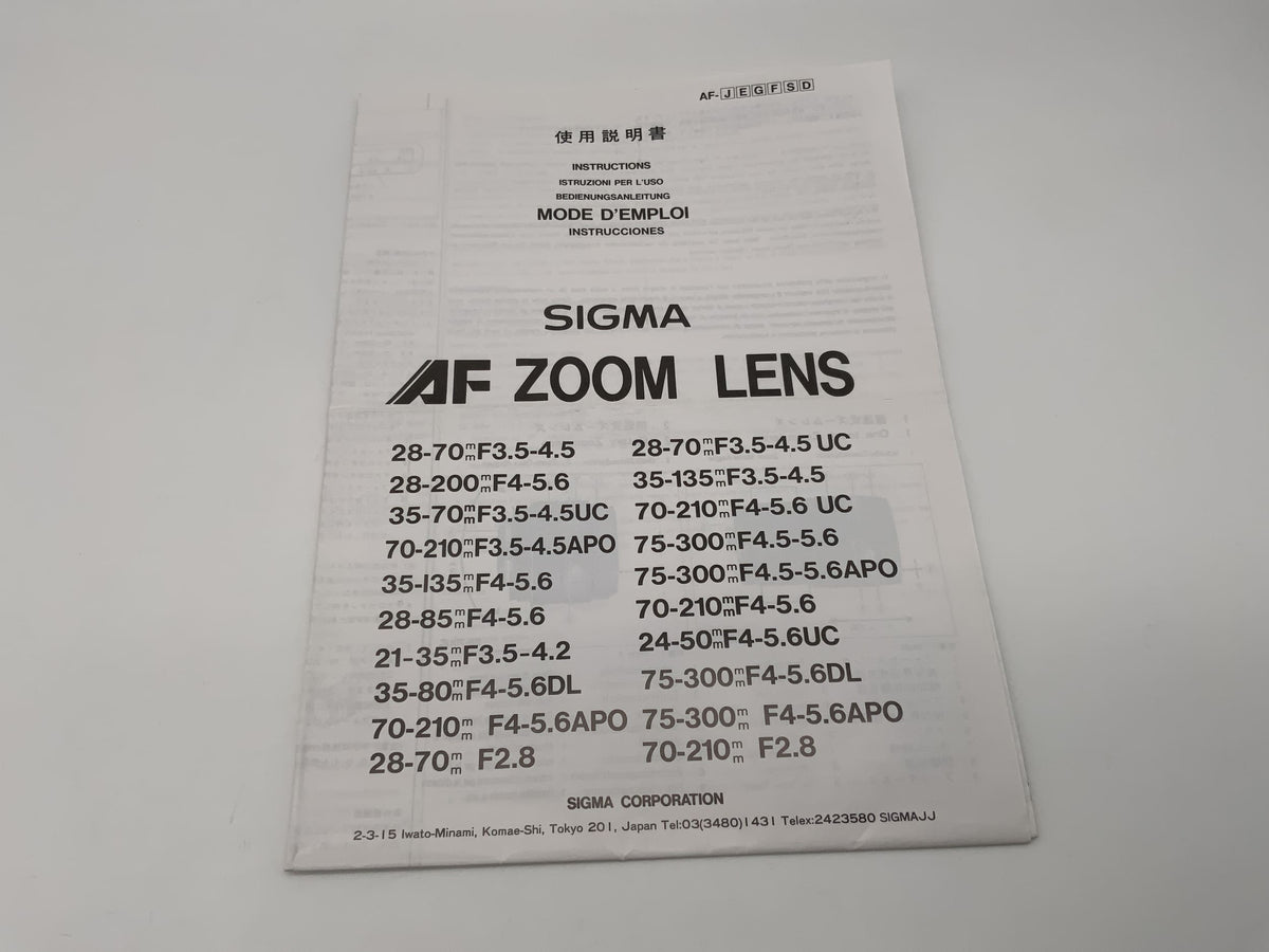 Manuel d'utilisation de l'objectif zoom AF Sigma (allemand)