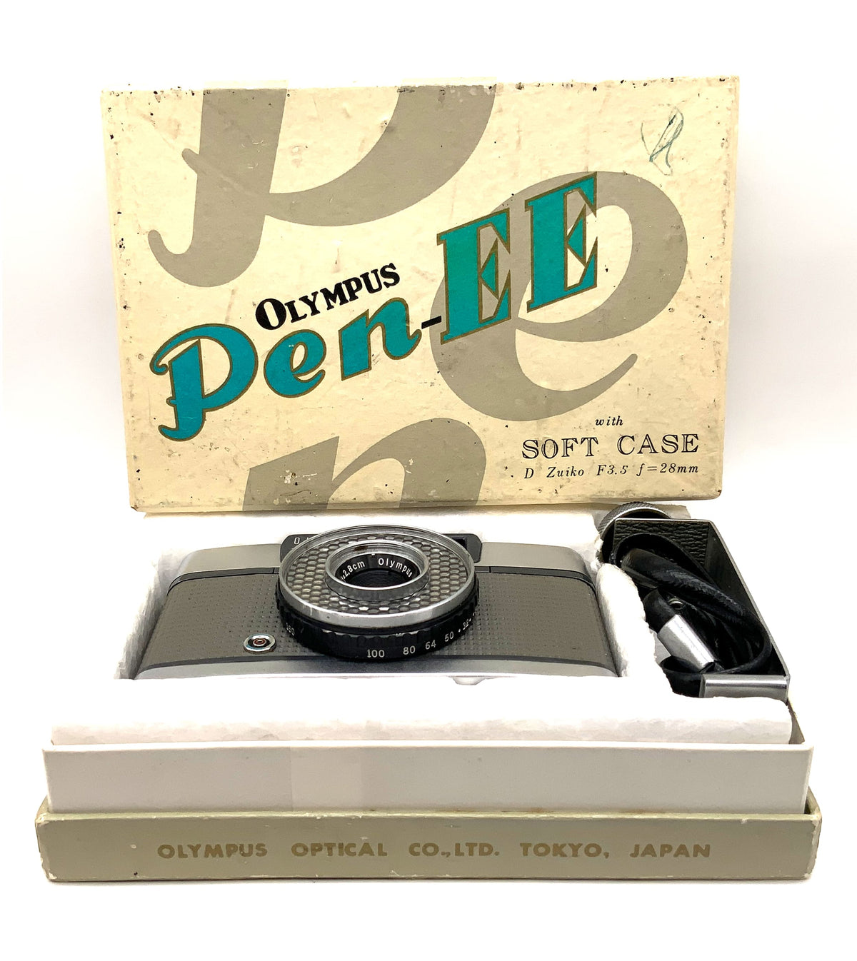 Appareil photo télémétrique Olympus PEN-EE avec objectif D.Zuiko 28 mm f/3.5 dans son emballage d'origine, appareil photo argentique