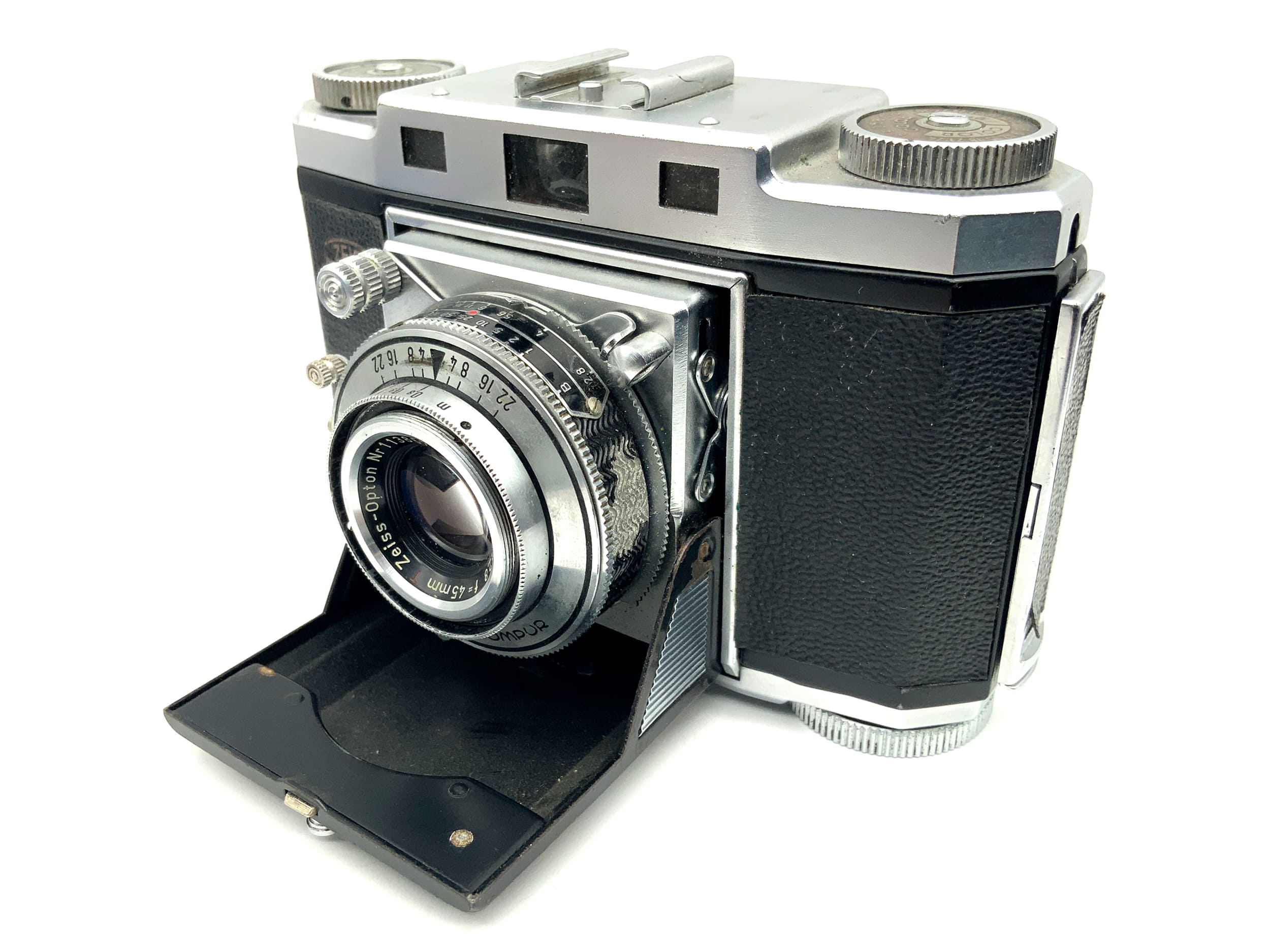 Appareil photo pliant Zeiss Ikon Contina 524/24 avec objectif rouge T Tessar 45 mm f/2.8 Synchro-Compur
