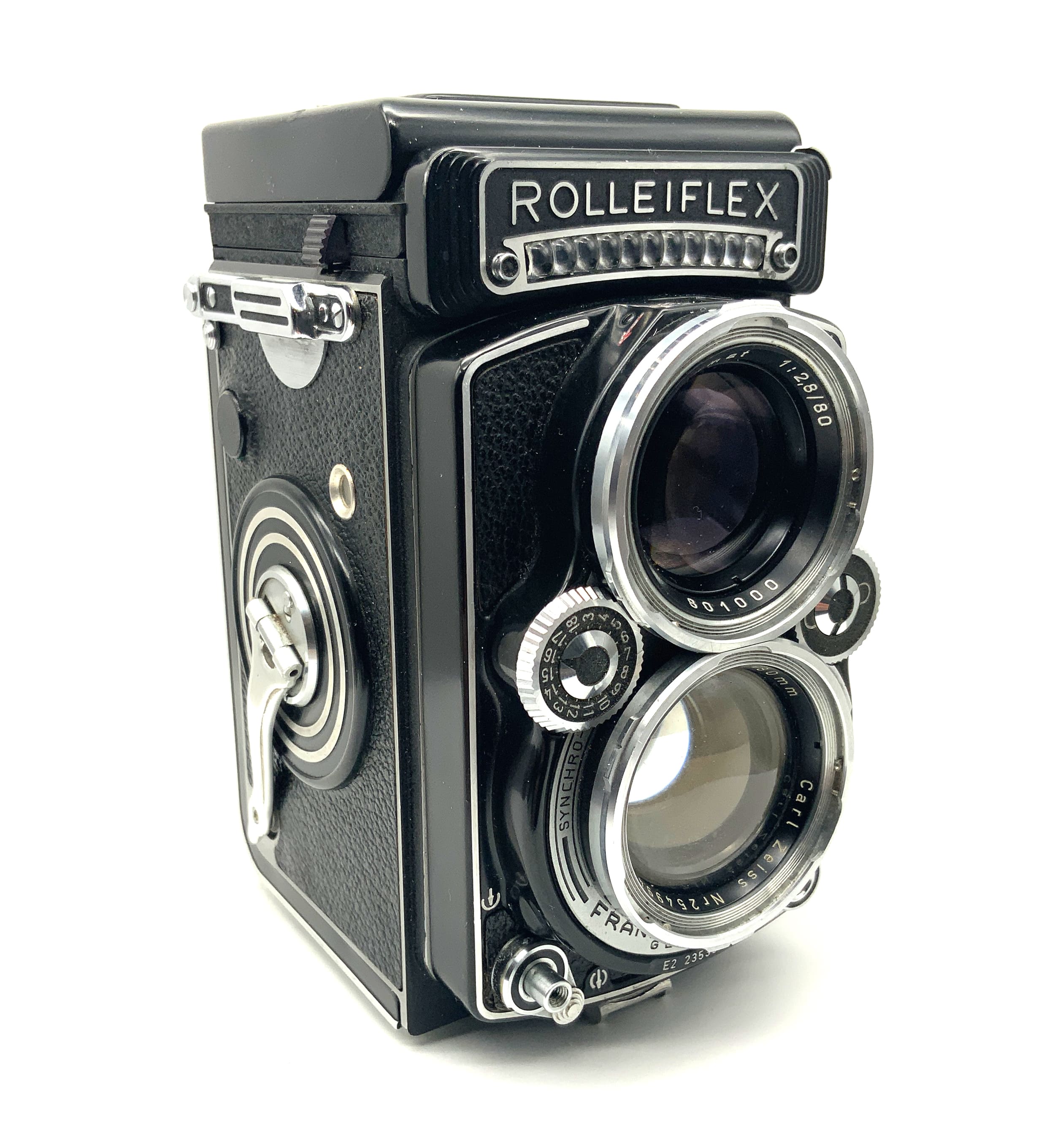 Rollei F&amp;H Rolleiflex 2.8F TLR with Planar 80mm 1:2.8 E2 white face twin-lens reflex lens