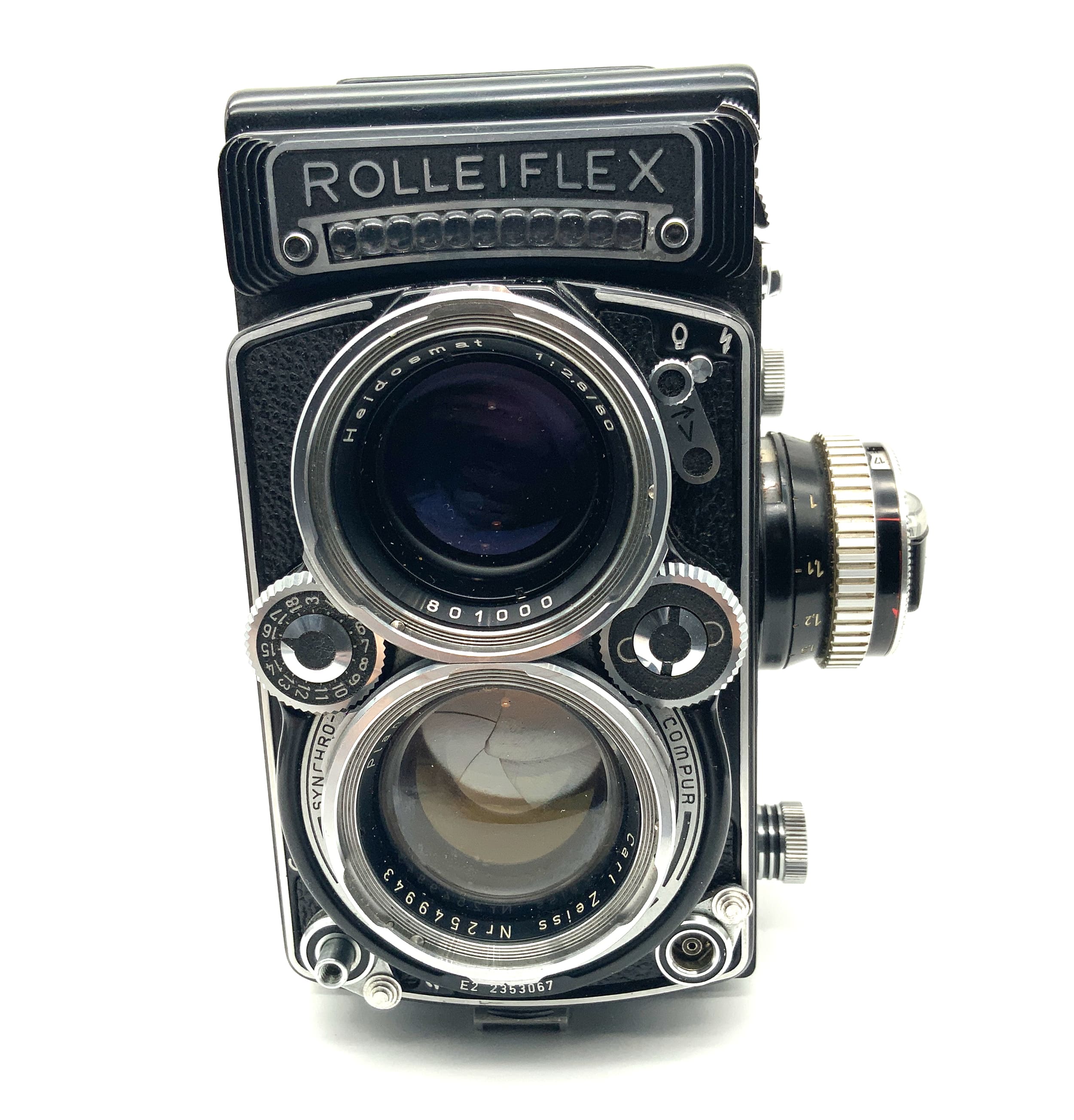 Rollei F&amp;H Rolleiflex 2.8F TLR with Planar 80mm 1:2.8 E2 white face twin-lens reflex lens