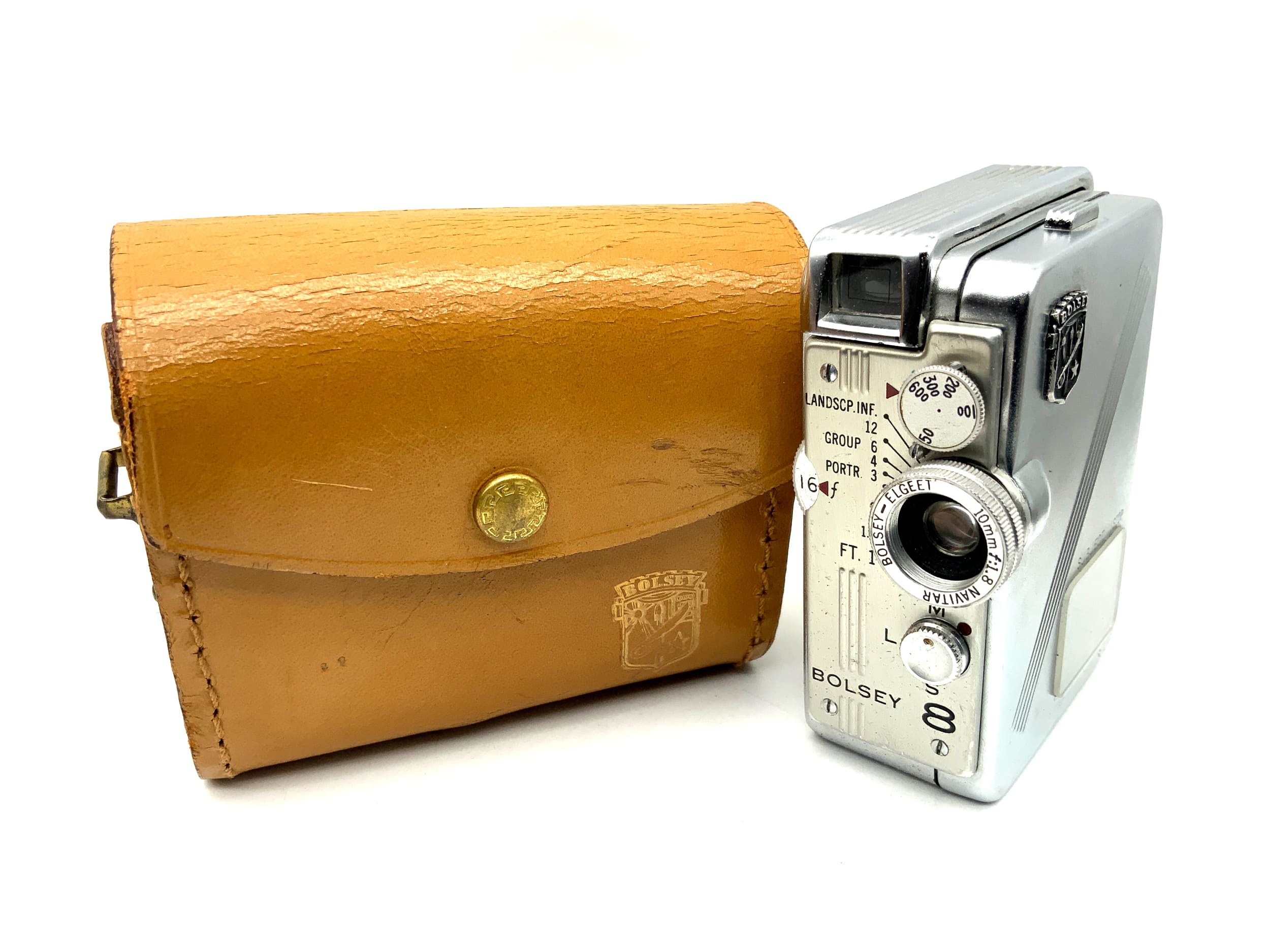 Bolsey 8 miniature camera with Navitar Bolsey-Elgeet 10mm 1:1.8 lens and case