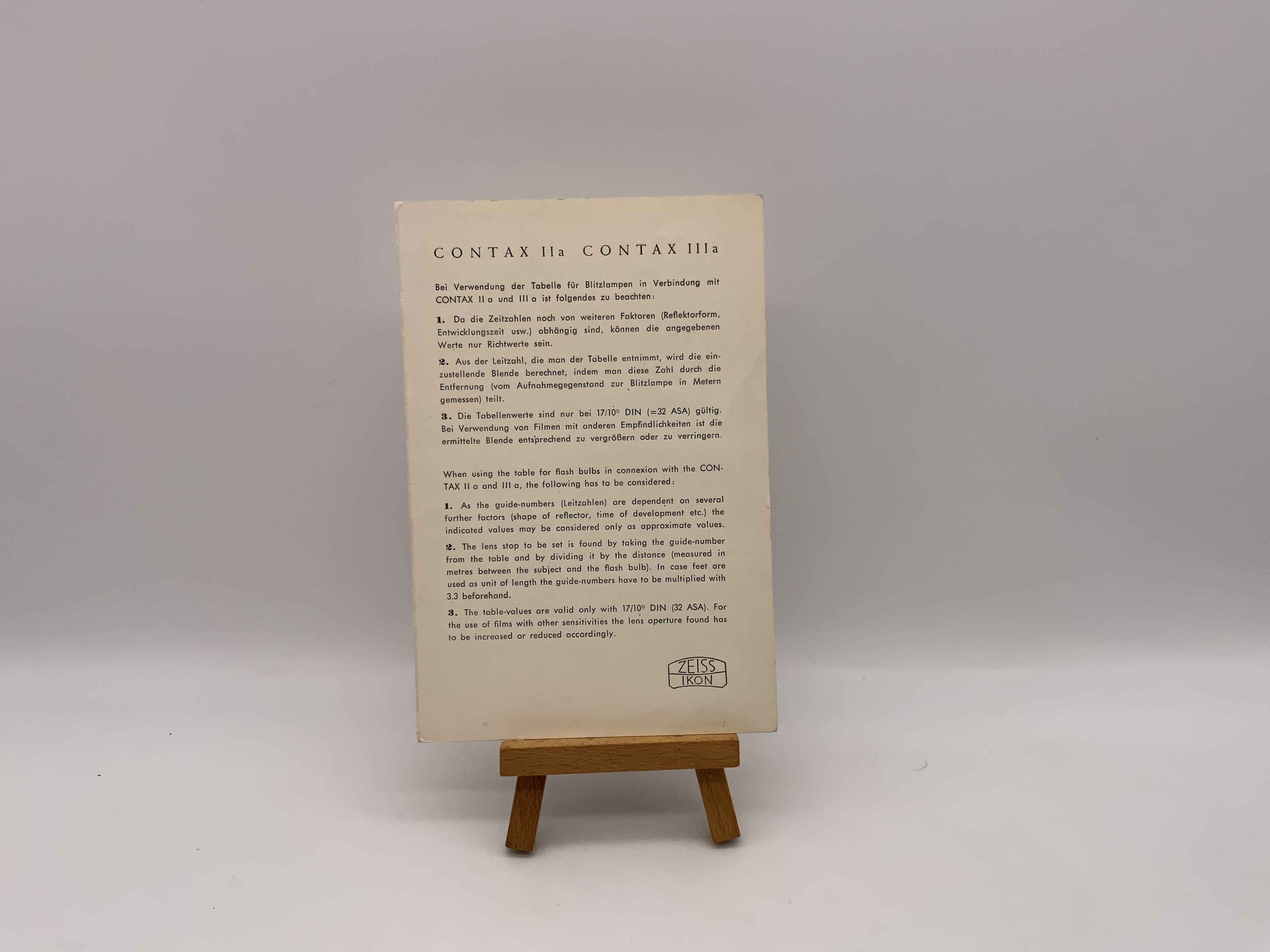 Contax IIa et IIIa pour les éclairs (tableau allemand)