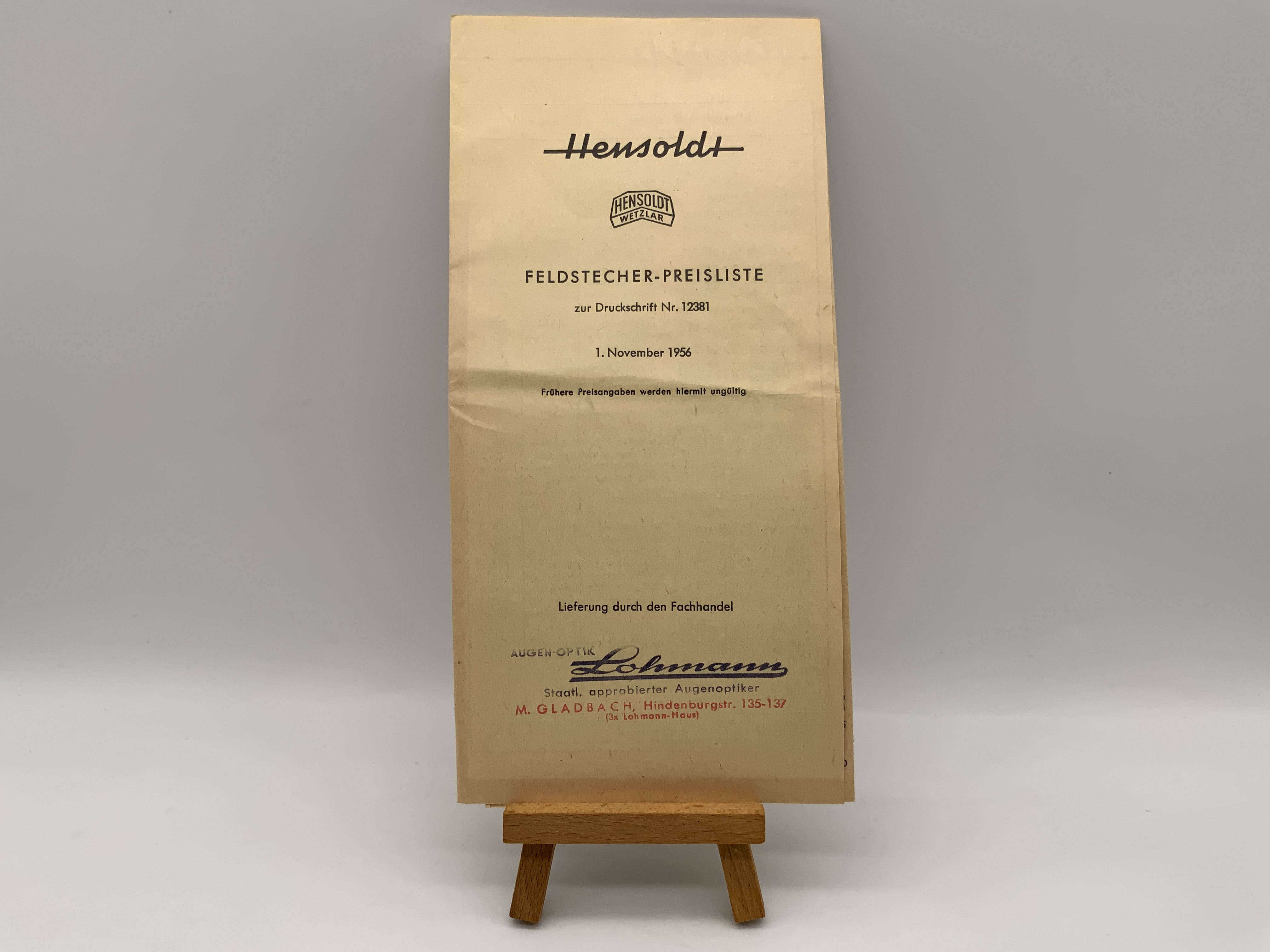 Liste de prix des jumelles Hensoldt Wetzlar, 1er novembre 1956 (allemand)