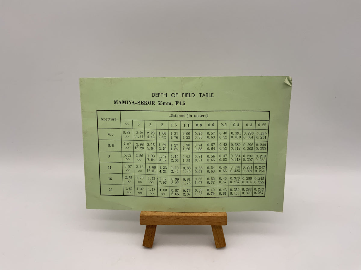 Manuel d'utilisation de la table de profondeur de champ Mamiya Sekor (anglais)