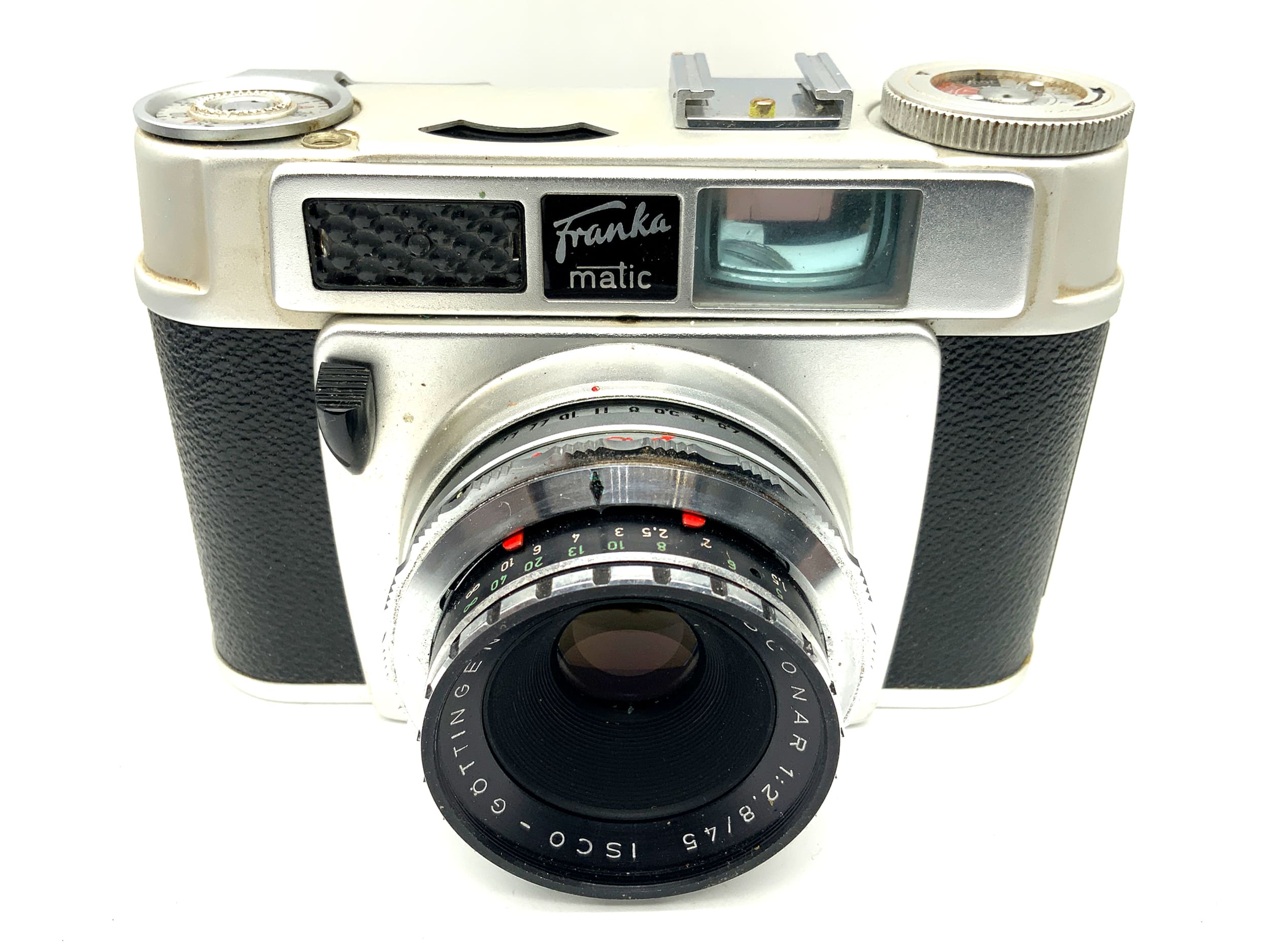 Franka matic viewfinder camera with Color-Isconar 1:2.8/45 Prontormat lens! Light meter defective!