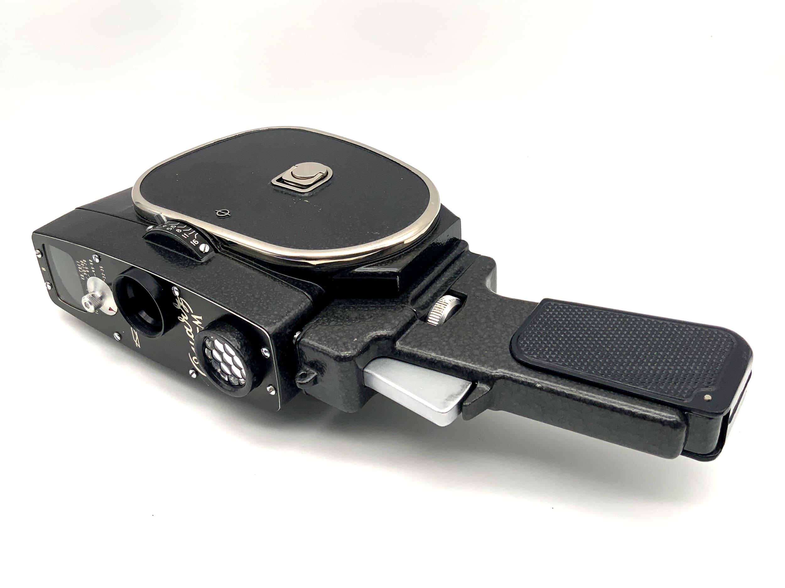 Zenit Quarz M film camera with 1.9/12.5mm lens and grip for dual 8mm film.