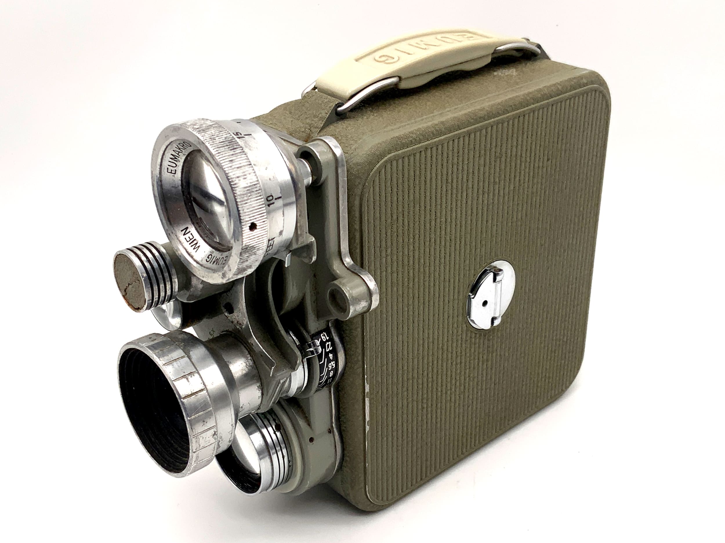 Caméra argentique Eumig C3 avec tête revolver Eumakro 2x, double pellicule 8 mm