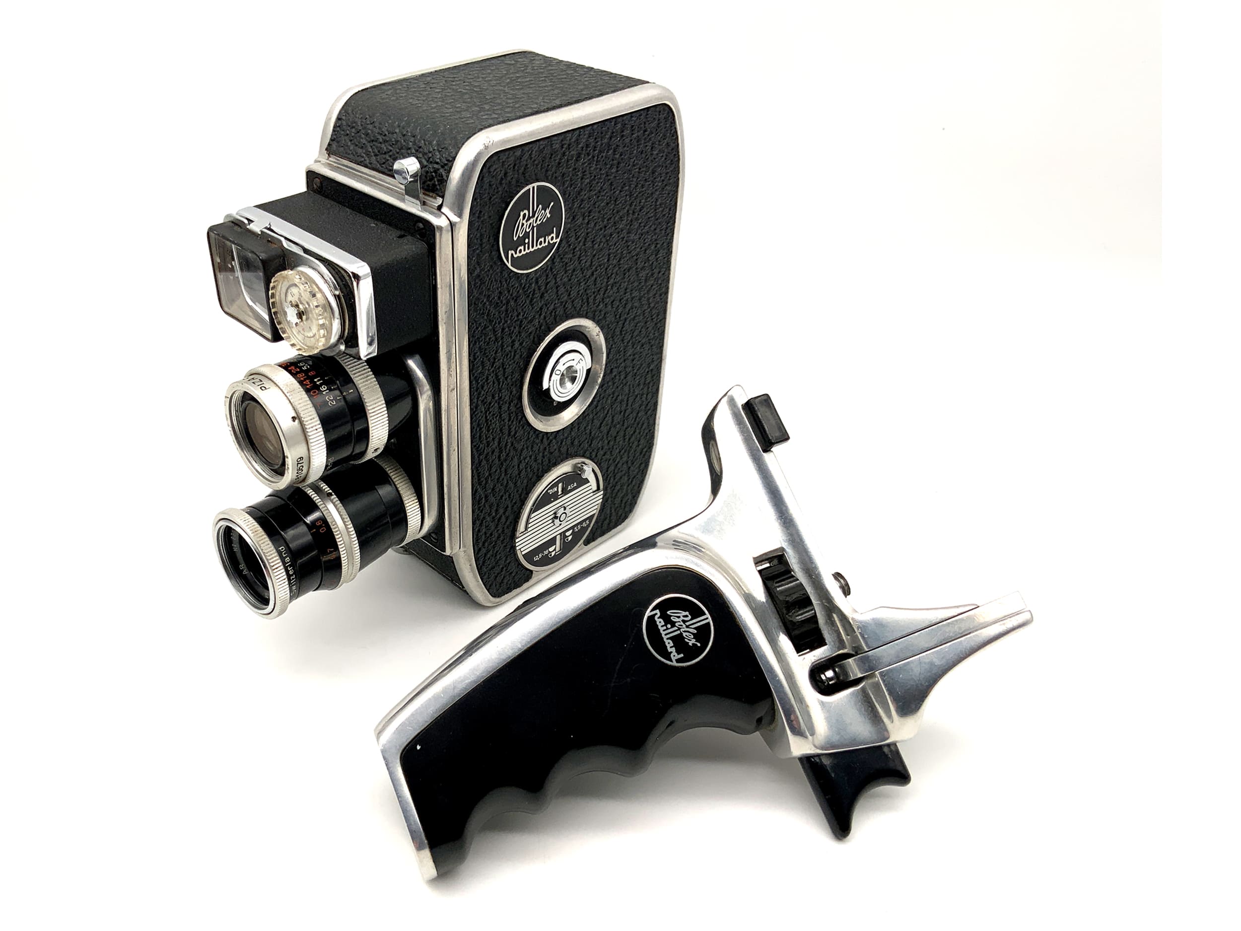 Caméra Bolex Paillard B 8L avec objectif Yvar 1:2.8 f=36 mm et poignée, double 8 mm