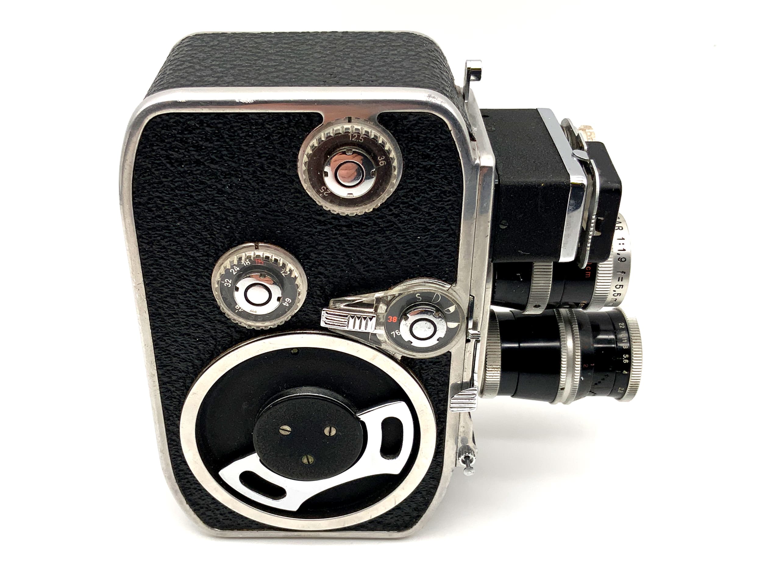 Caméra Bolex Paillard B 8L avec objectif Yvar 1:2.8 f=36 mm et poignée, double 8 mm