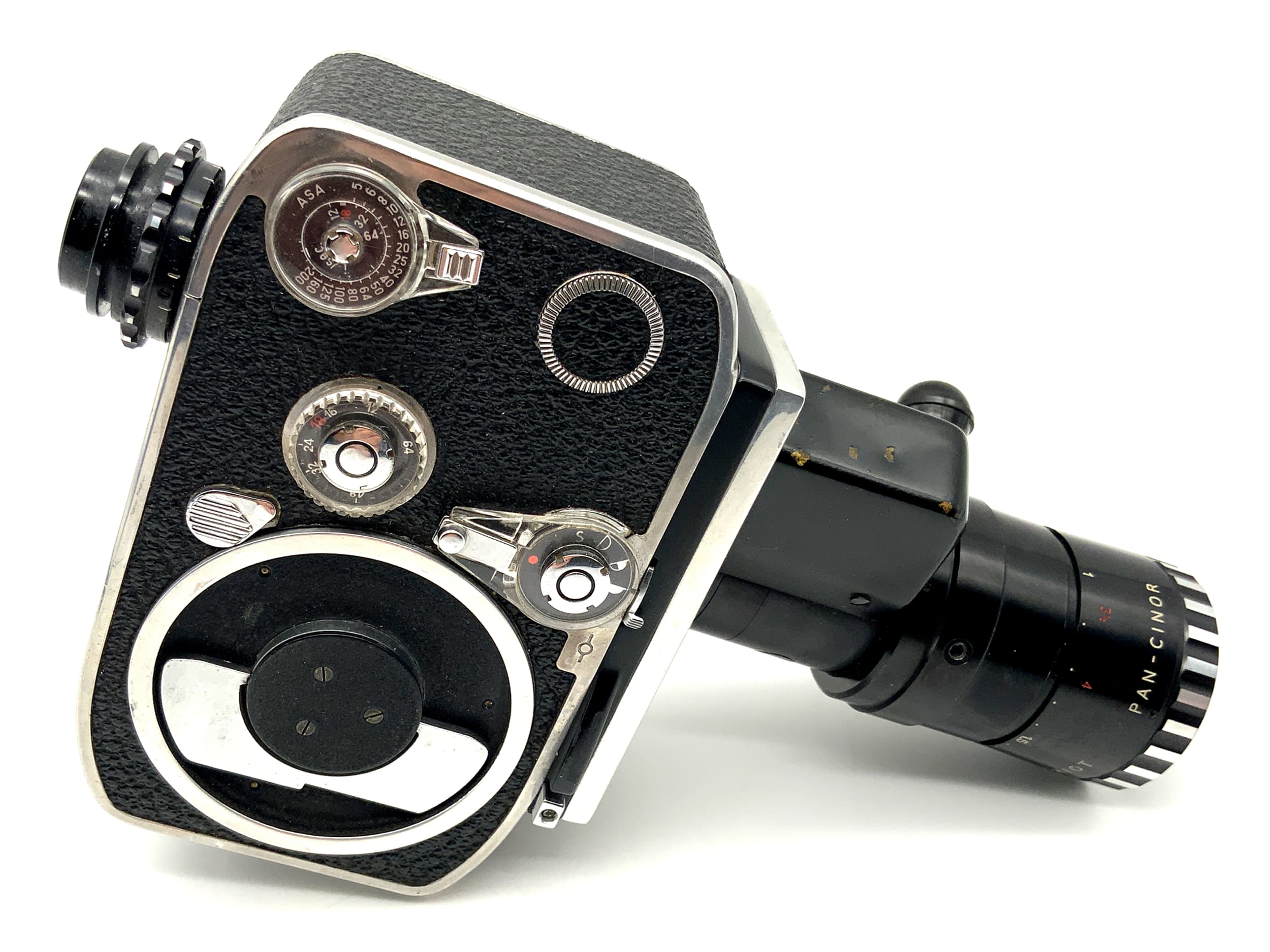 Bolex Paillard Zoom Reflex P2 film camera with 1:1.9 f=9-30mm lens and grip with dual 8mm lens